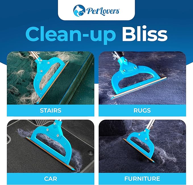 PetLovers EzLint Mega 52" Carpet Rake & Pet Hair Removal Tool – Dog & Cat Hair Remover Broom with Adjustable Handle & Extra Wide Head for Carpets, Rugs & Stairs Ocean Blue