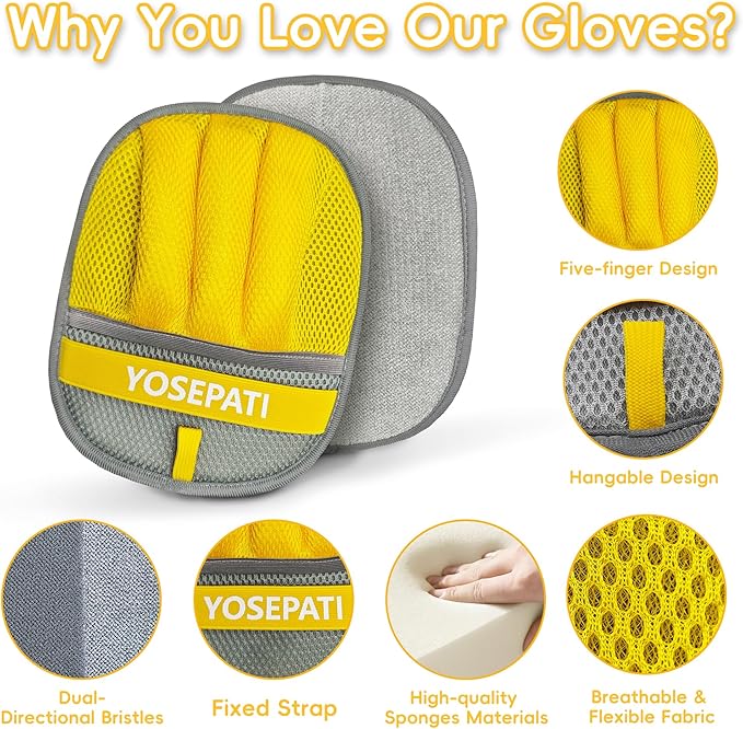 YOSEPATI Pet Hair Removal Glove, Five-Finger Magic Brush Electrostatic Mitt, Pet Hair Remover Tool for Dog & Cat, Reusable Pet Hair Gloves Pet Grooming Needs, Fur Remover for Couch, Clothing & Carpet