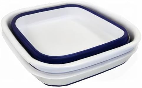 SAMMART 8L (2.1 Gallon) Collapsible Tub - Foldable Dish Tub - Portable Washing Basin - Space Saving Plastic Washtub (White/Navy Blue (Set of 2))