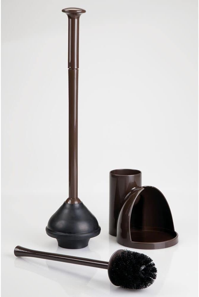 mDesign Hidden Plunger and Brush Set for Toilet Bowl - Brush Cleaner and Plunger Combo with Holder Caddy for Bathroom - Modern Toilet Brush and Plunger Set - Aura Collection - 2 Pack - Dark Brown
