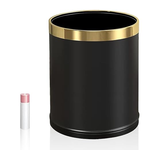 3.7 Gallon/14L Black Bathroom Trash Can Metal, Double Walled Waste Paper Basket, Bathroom Garbage Can, Elegant, Modern Office Waste Basket, for Bedroom, Kitchen, Hotel, Cafe, Business(14L black)
