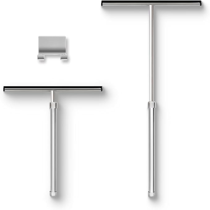 Shower Squeegee with Long Handle and Adhesive Hook. for Glass Doors, Tile Walls, Mirrors and Windows. Telescoping Squeegee for Cleaning. Bathroom Stainless Steel Squeegee, 10inch Wide, Chrome – 1pk