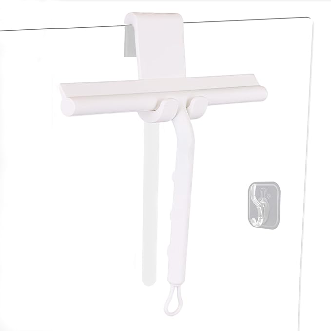 DEOFUXT Squeegee for Shower Glass Doors, Resilient Loop - No-Drill & Adhesive Hook, Silicone Shower Squeegee with Stainless Steel Core, Cleaning Tool for Home, Kitchen, Bathroom & Car - White