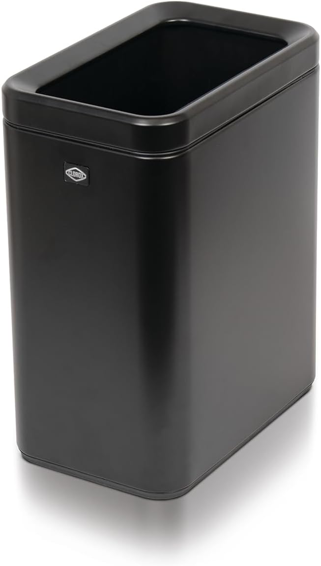 CLOROX Slim Open Trash Can - 2.6 Gallon (10 Liter) Small Metal Waste Basket with Removable Bucket for Narrow Spaces - Stainless Steel Garbage Bin for Bathroom, Bedroom, or Office, Black