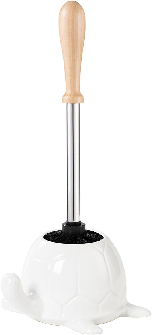 White Ceramic Turtle Base Toilet Brush and Holder Set - 7.5" Cute Toilet Bowl Cleaner Brush, Ergonomic Handle Toilet Bowl Brush and Holder for Home & Commercial Use, Bathroom Brush