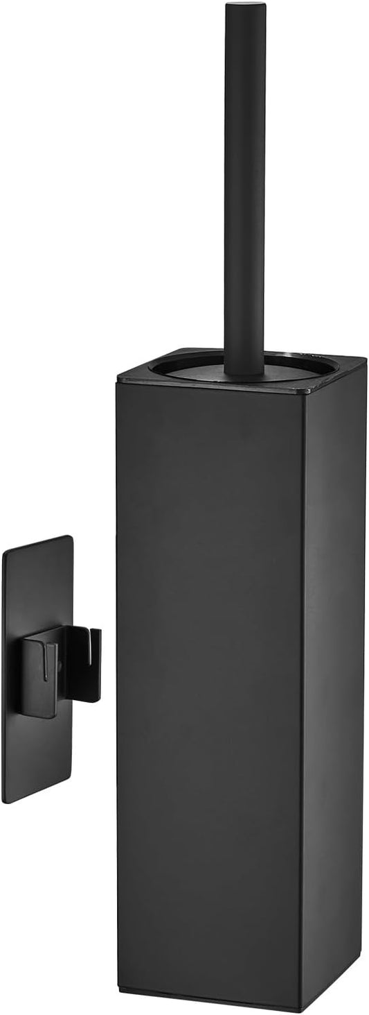 Brushed Gold Stainless Steel Toilet Brush, Square No-Punch Hook Base Toilet Brush Holder Removable Inner Bucket and Splash Proof Cover - Soft Bristles (Non-Drill Square Plastic caps Black)