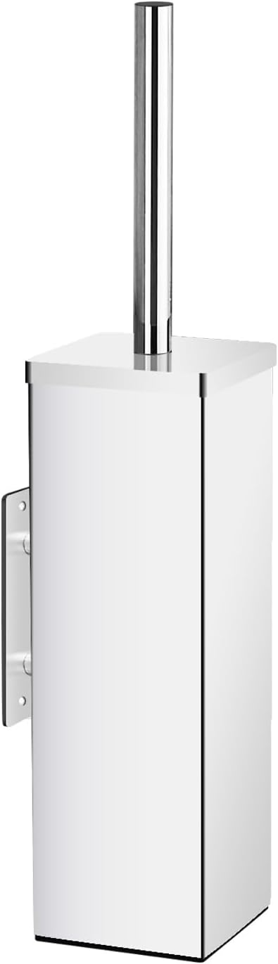 JOVYXIE Bright Silver Stainless Steel Square Toilet Brush with Metal Lid Dual-Use Toilet Brush Holder with Drilled + Drill-Free Hook Base Includes Removable Inner Bucket (Bright Silver)
