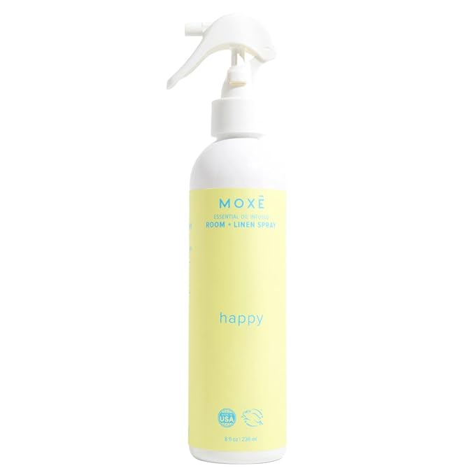 MOXĒ Happy Linen & Room Spray, Uplifting Essential Oils, Natural Aromatherapy Mist, Home & Bedroom, Office, Furniture, Bedding, Pillows, Sheets, Cinnamon, Sweet Fennel, Sage, Thyme, 8 Ounces (1 Pack)