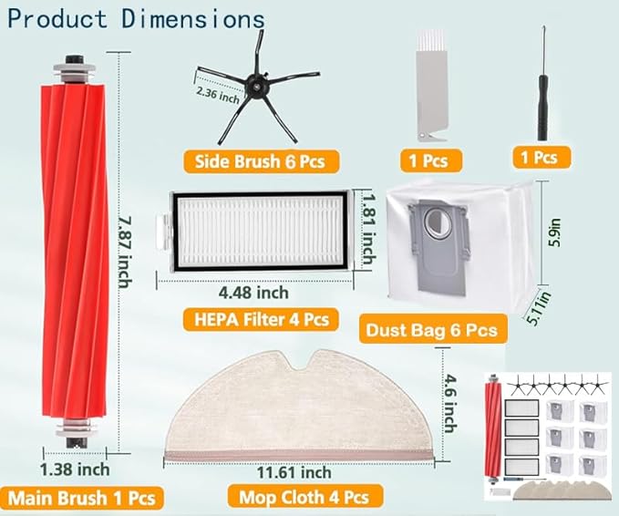 DovLazm 21 Pcs Q7 Max Replacement Parts，for Roborock Q7 / Q7+ / Q7 Max / Q7 Max+ Vacuum Cleaner Accessories Kit, 1 Main Brush, 4 Filter, 4 Mop Pad, 6 Side Brush，6 Vacuum Bag