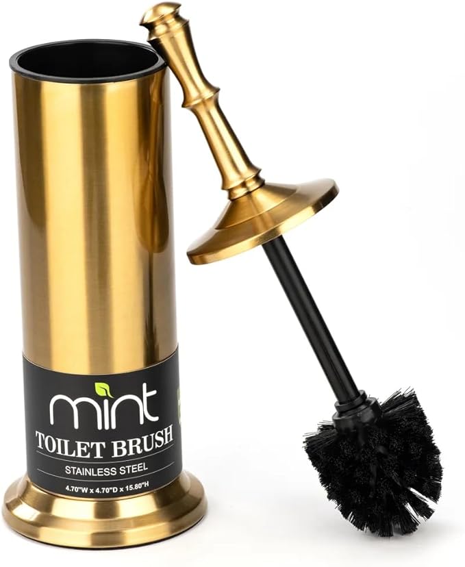 J&V TEXTILES Industrial Toilet Brush, Toilet Bowl Brush with Extra Long Handle Durable Bristles Toilet Scrubber and Covered Holder for Toilet Brush Set (Aged Brass)