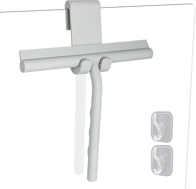 DEOFUXT Shower Squeegee for Glass Doors, Full Silicone Jacketed Squeegee with Ergonomic Handle & No-Drill Hook, Cleaning Tool for Windows, Mirrors, Tiles, Bathroom & Car - Grey