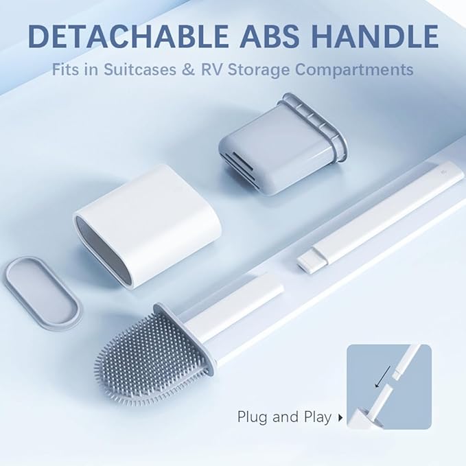 RV Silicone Toilet Brush with TPR Bristles & Detachable ABS Handle Set, Landing & Wall Mountable Toilet Bowl Brush for Space-Saving RV Bathrooms Flexible 360°Deep Cleaners Brushes (White)