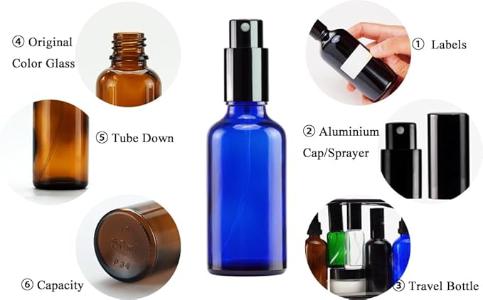 YIZHAO Blue Glass Spray Bottles 2oz, with Small Fine Mist Spray, Metal Cap, Refillable for Essential Oil,Travel,Cleaning,Perfume,Aromatherapy,Makeup – 6 Pcs