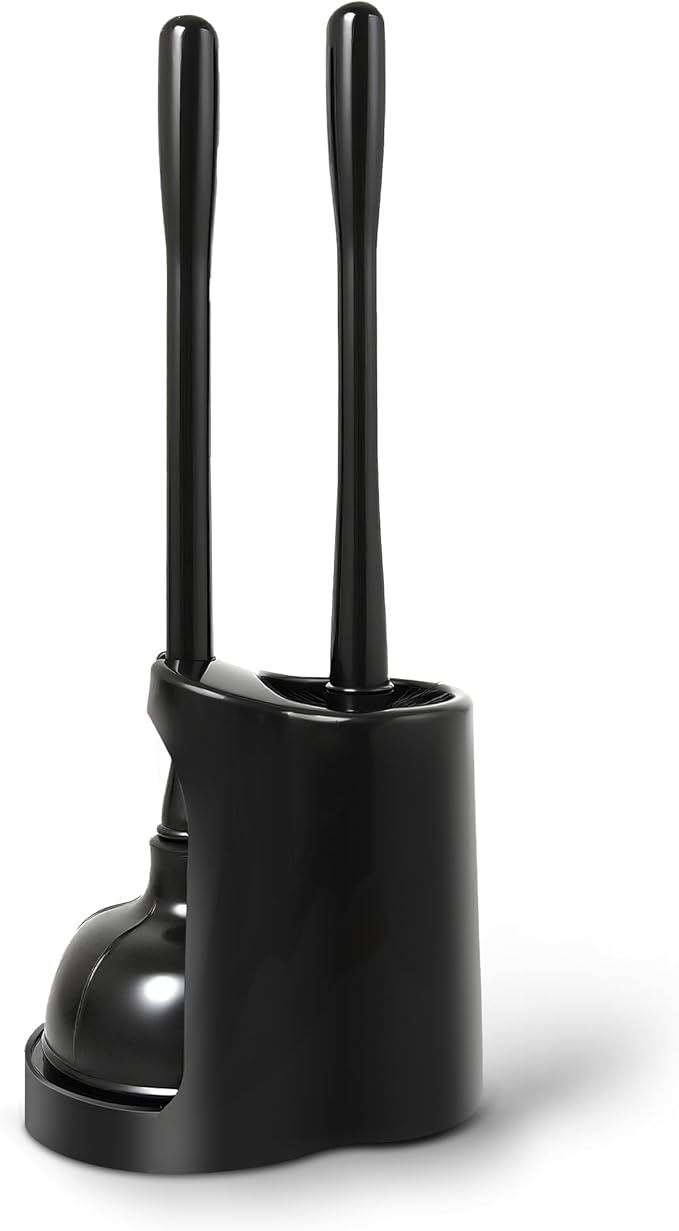ELIVARA Toilet Plunger and Bowl Brush Combo with Dual-Compartment Holder – Heavy Duty Suction, Ergonomic Handles, Anti-Splash, Sleek Compact Design (Black)