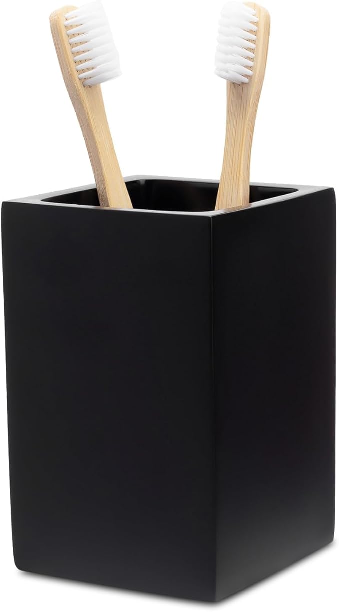 Yew Design Matte Black Toothbrush and Toothpaste Holder for Bathroom Vanity and Countertop, Square Organizer for Electric Toothbrushes, Floss, Razors, Cotton, and Mouthwash