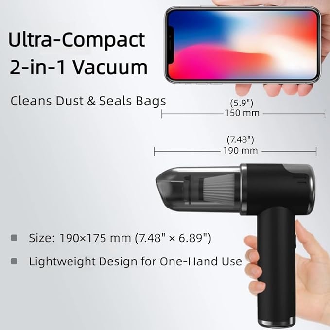 Portable Car Vacuum Cleaner, 2-in-1 Handheld Vacuum & Sealer, 10,000Pa Strong Suction Cordless Mini Vacuum for Car/Home/Keyboard/Pet Hair, Compact Rechargeable with Washable HEPA Filter(Black)