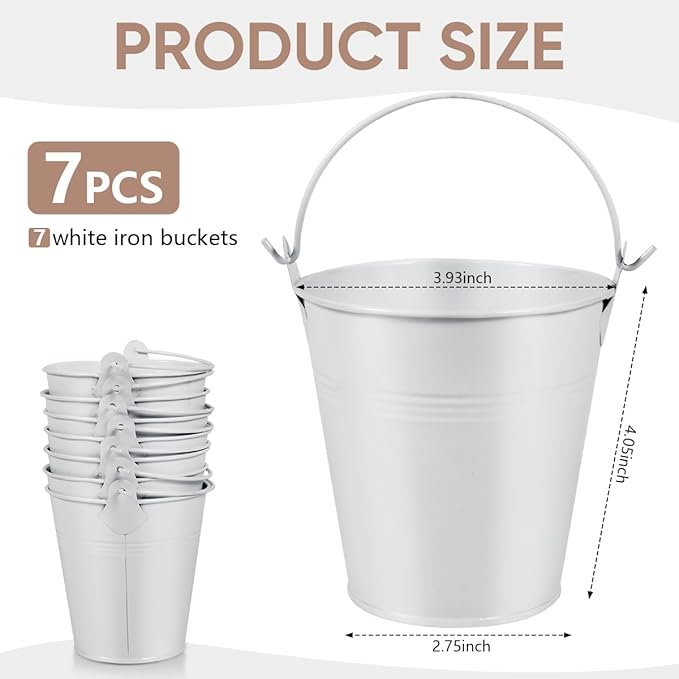 OBTANIM 7 Pack White Metal Buckets with Handle Galvanized Ice Pails for Plants, Succulents, Party Favors Organizing, Rustic Home Decor or Classrooms Pencil Storage (4 x 2.8 inch)