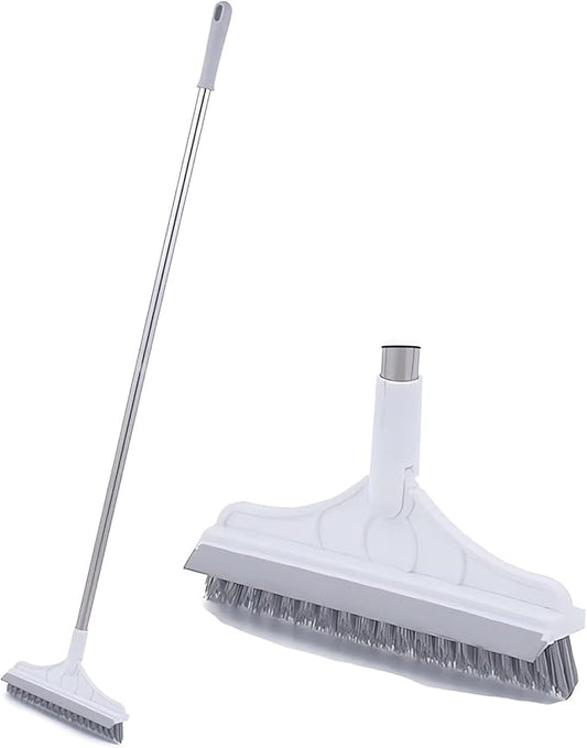 2 in 1 Cleaning Scrub Brush with Long Handle Heavy Duty - 2023 New Shower Powerful Brush and Scraper 2-in-1 Cleaning Tool with Soft Scraper Squeegee, V-Shaped Bristles Scrubber Deck Brush (White)