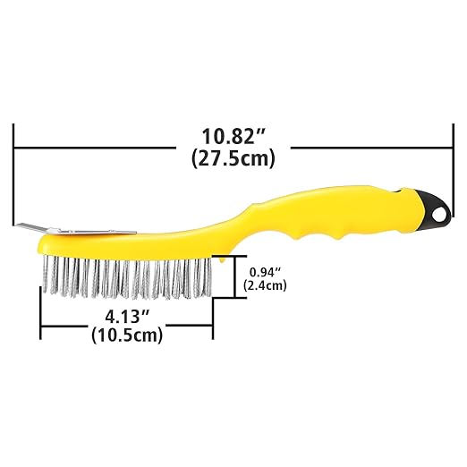 Chanharm 10.95" Wire Scratch Brush with Metal Scraper, Long Plastic Handle and 79 Bundles of Stainless Steel Bristles, Heavy Duty for Dust Paint Scrubbing, Dirt Rust or Welding Slag Removal