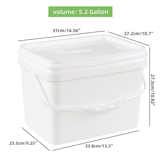 Zopnny 5.2 Gallon Rectangular Plastic Food Container Industrial Pail, 20L Bucket Pail with Plastic Handle and Lid, White, 4 Packs