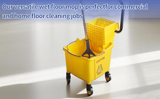 35 Qt. Side-Press Mop Bucket and Wringer Combo on Wheels Yellow for Professional/Industrial/Business Heavy-Duty Floor Cleaning/Mopping,Including Industrial Mop and Rubber Gloves