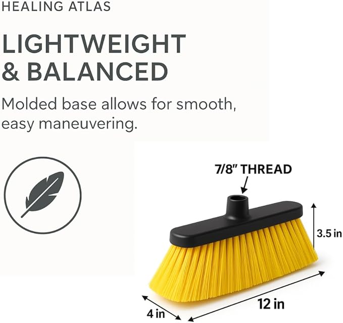 Healing Atlas Aria Yellow Broom Head – 14” Sweeping Surface – Heavy-Duty Soft Flagged Bristles with Magnetic Effect – Universal Thread – Recycled PP – Indoor/Outdoor Sweeper (Yellow, ARIA)