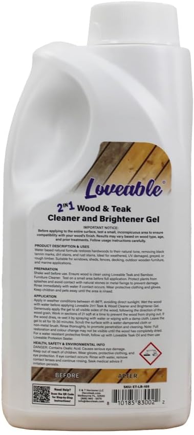 EcoDecors Loveable 2 in 1 Wood & Teak Cleaner and Brightener Gel, 1 L, for Outdoor Use, Cleans, Renews, and Refreshes Outdoor Wood - 2 Pack