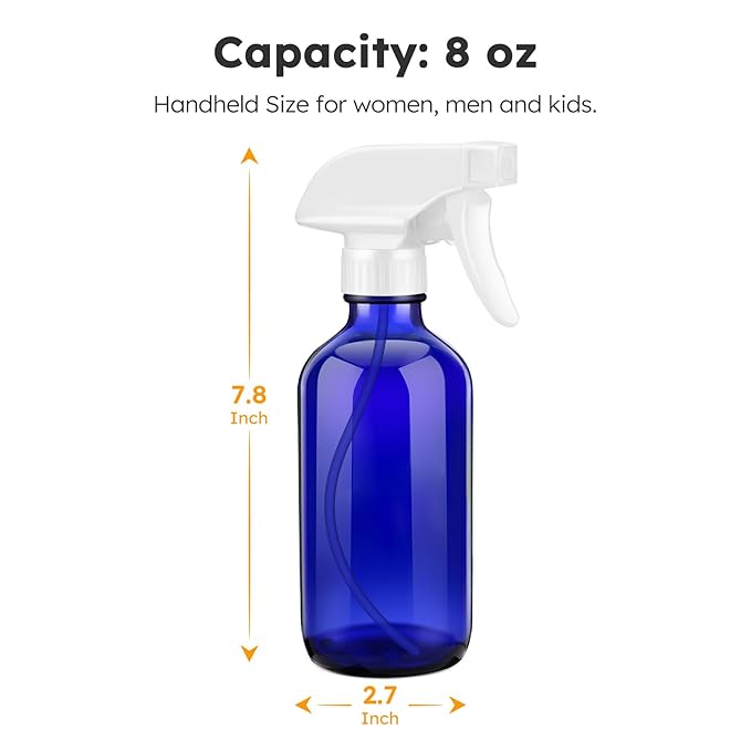 Tecohouse Glass Spray Bottle 8 oz, Blue Small Empty Refillable Sprayer Container with Labels, Funnel, Lids, Graduated Pipettes - Handheld Size