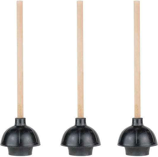 SteadMax Rubber Toilet Plunger, Double Thrust Force Cup, Heavy Duty, Commercial Grade with 18” Wood Handle (Pack of 3)