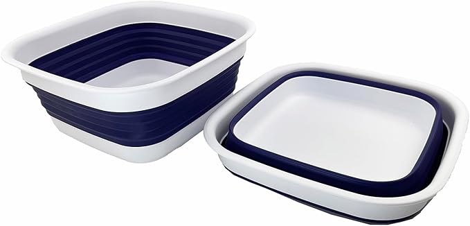 SAMMART 8L (2.1 Gallon) Collapsible Tub - Foldable Dish Tub - Portable Washing Basin - Space Saving Plastic Washtub (White/Navy Blue (Set of 2))