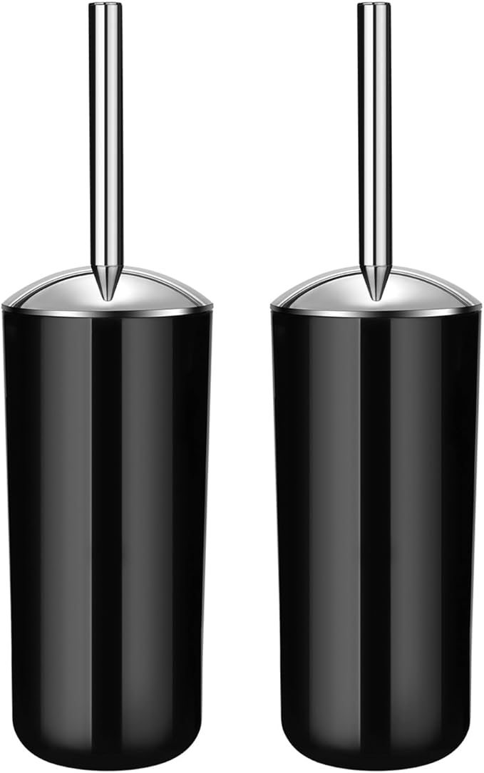 Toilet Brush and Holder Set of 2 | Great Value 2-Pack for Multiple Bathrooms | Sturdy Reinforced Handle for Durability | Discreet Enclosed Caddy | 360° Deep Cleaning Bristles | (Black)