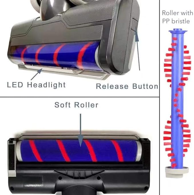 Upgraded Hardwood Floor Vacuum Attachments with Headlights for dyson V7V8,Replacement Parts Motorhead for Dyson ,Soft Roller &PP Bristle Motorized Brush Accessories for Marble,Carpet,Rug Cleaning.