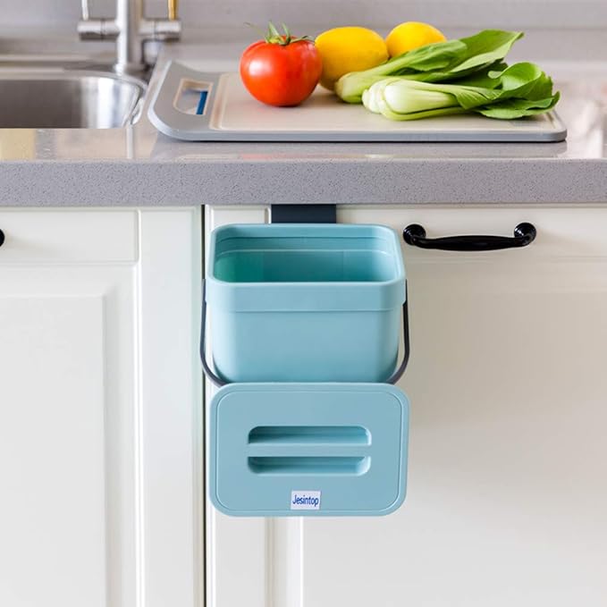 Kitchen Compost Bin Indoor for Counter Top,Hanging Small Trash Can with Lid,Food Waste Bin,Mountable Compost Busket 1.3 Gal/5 L Series,Blue