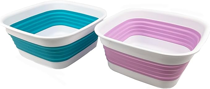 SAMMART 8L (2.1 Gallon) Collapsible Tub - Foldable Dish Tub - Portable Washing Basin - Space Saving Plastic Washtub (Ceramic Blue/Pale Purple(Set of 2))