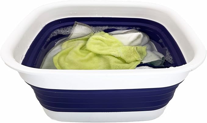 SAMMART 8L (2.1 Gallon) Collapsible Tub - Foldable Dish Tub - Portable Washing Basin - Space Saving Plastic Washtub (White/Navy Blue (Set of 2))