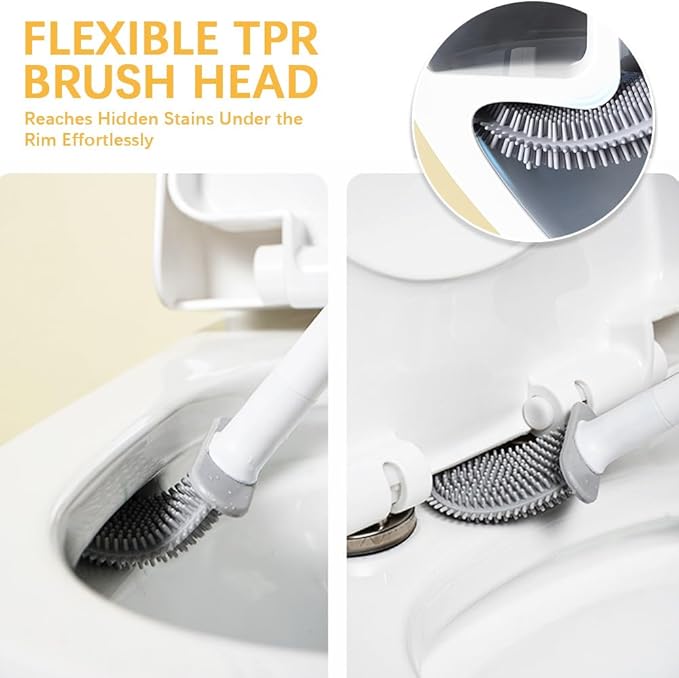 Kucucyle Mini RV Silicone Toilet Brush with TPR Bristles & ABS Detachable Handle Set, Flexible 360°Deep Cleaners Brushes, Wall-Mounted Design for Space-Saving RV Bathrooms Toilet Bowl Brush (White)