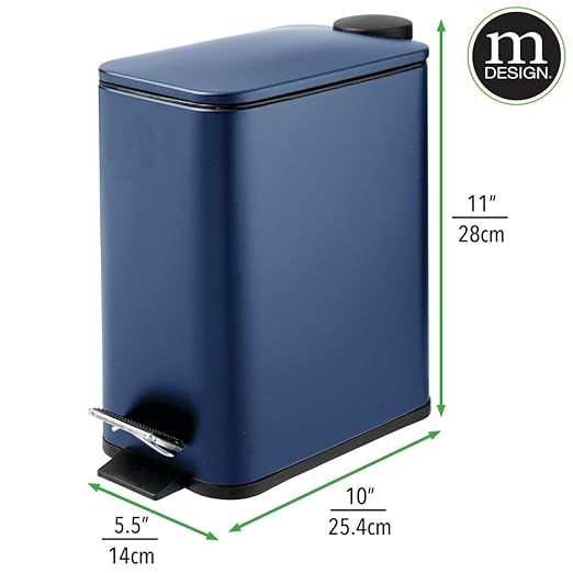 mDesign Rectangular Pedal Bin – 5 L Metal Waste Bin with Pedal, Lid and Plastic Bucket Insert – Household Rubbish Bin for Bathroom, Kitchen and Office – Navy