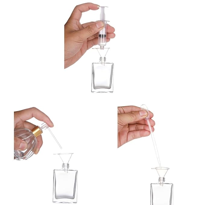 6 Pack 30ml / 1 Oz Clear Black Refillable Perfume Bottle, Portable Square Empty Glass Perfume Atomizer Bottle Spray Applicator with 4 kinds of perfume dispenser(3 Pack clear 3 Pack Black Assorted