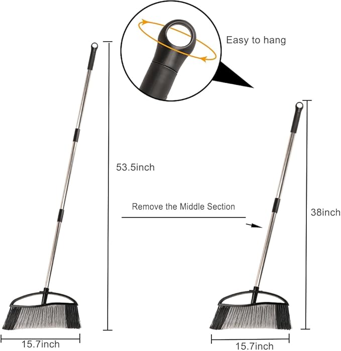 MuLing Heavy Duty Outdooor Broom - 15.7" Wide Broom with Long Adjustable Handle & Stiff Bristles for Patio, Garage, Yard, Garden (Black)