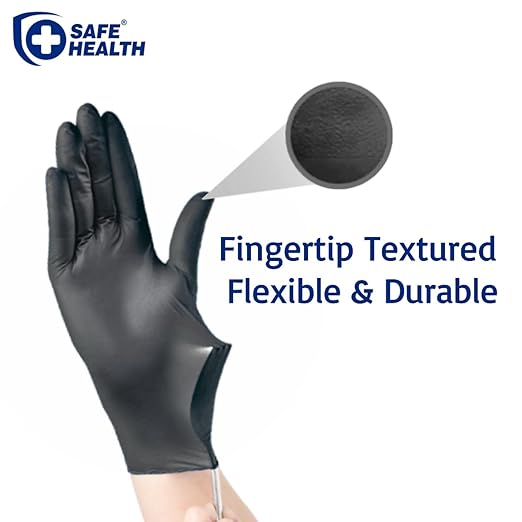 Safe Health Nitrile Black Disposable Gloves, Latex Free, Powder Free, Case of 1000, Small, Textured, 3.5 mil, Industrial, Tattoo, Salon, Hair, Auto, Car, Cleaning, Food, Cooking