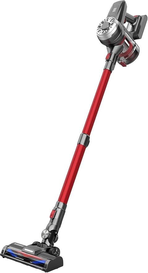 BARNMO Cordless Stick Vacuum, Red, 45 Min Runtime, LED Headlights, 2-Speed, Telescopic Tube with Main Vacuum Brush, Crevice Tool, dust Brush, Removable-Rechargeable Battery Pack with Charging Cord