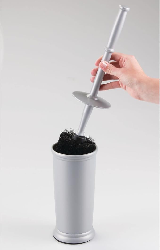 mDesign Compact Freestanding Plastic Toilet Bowl Brush and Holder for Bathroom Storage and Organization - Space Saving, Sturdy, Deep Cleaning, Covered Brush - Silver