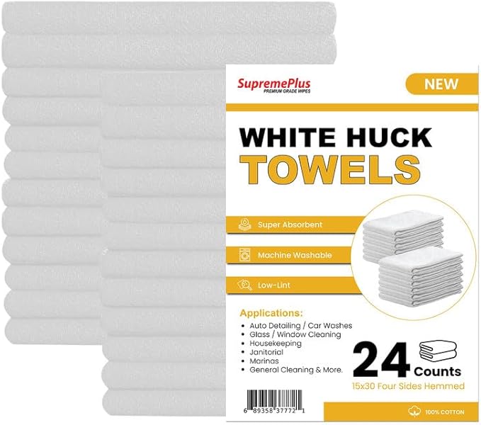 Premium White Huck Towels – (24 Pack) 15 x 30 inches 100% Cotton Bulk Towel for General Cleaning, Auto Shop, and Hospital Use, Super Absorbent, Machine Washable Cloth