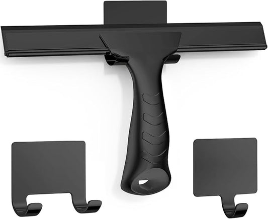 All-Purpose Stainless Steel Shower Squeegee for cGlass Door with 2 Adhesive Hooks, Bathroom Cleaner Tool Household Window Mirror Squeegee for Shower Glass, Car, Cleaning Tile Wall, 10 Inch Black