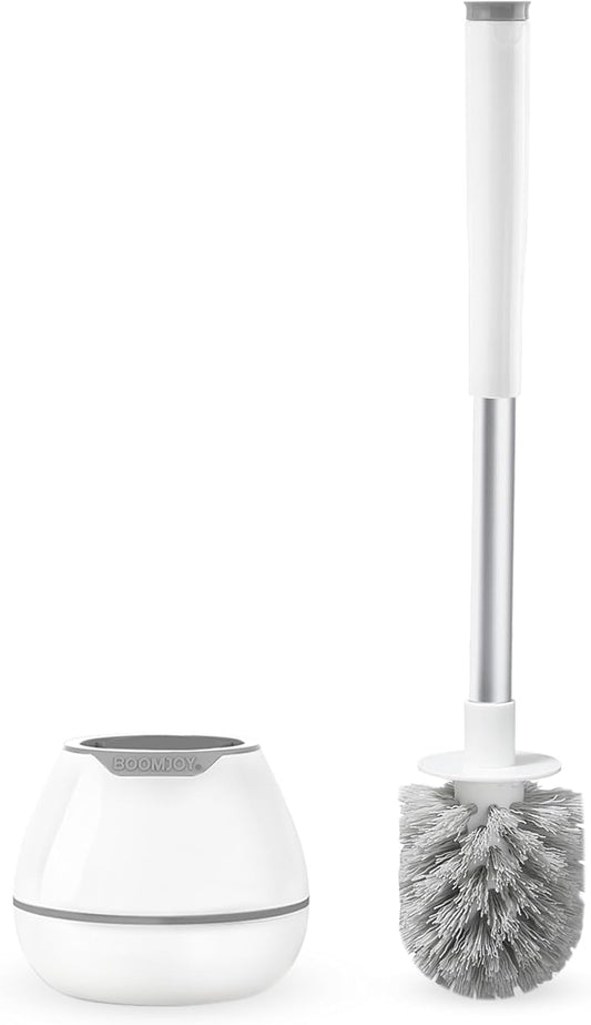 BOOMJOY Toilet Brush and Holder Set, Toilet Bowl Cleaner Brush, Toilet Scrubber Brush with Tweezers for Bathroom Cleaning, RV Accessories and House Organization Must-Haves - White