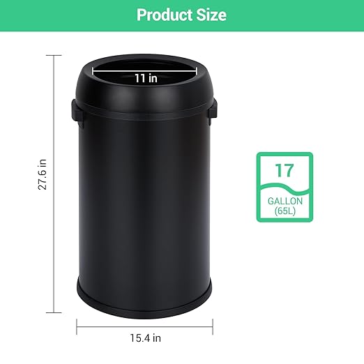 Garvee 17 Gallon/65 Liter Trash Can, Fingerprint-Proof Stainless Steel Open Top Garbage Can, Heavy Duty Commercial Round Trash Bin for Restaurant, Home, Office, Black