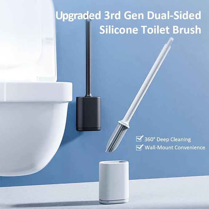 Kucucyle Dual-Sided RV Silicone Toilet Brush with TPR Bristles & Detachable ABS Handle Set, Wall Mountable Toilet Bowl Brush,Flexible Cleaners Brushes for 360°Deep Cleaning Bathroom/Camper (Gray‌)