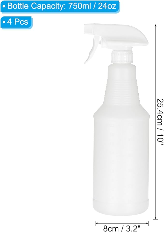PATIKIL 750ml/24oz Plastic Spray Bottles, 4pcs Adjustable Nozzle Leak Proof Empty Water Mist Stream Sprayer for Cleaning Solutions Plants Hair, White