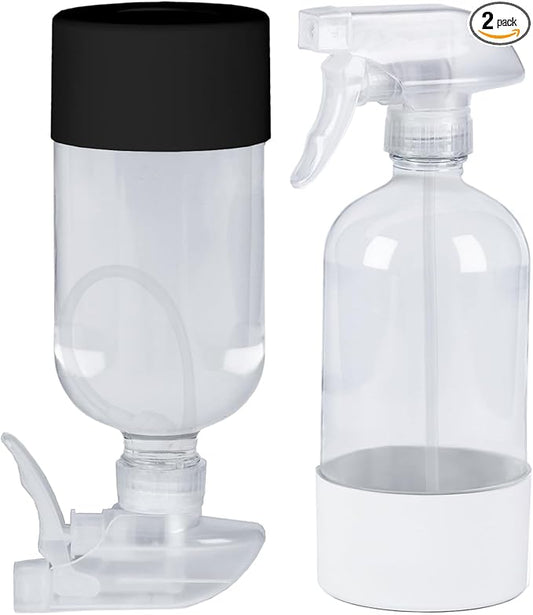 2 Pack 360° Glass Spray Bottles with Silicone Sleeve, 16 oz Empty Refillable Containers with Adjustable Spray Nozzles, Spray Bottles for Hair, Cleaning Solutions and Plants Black&White