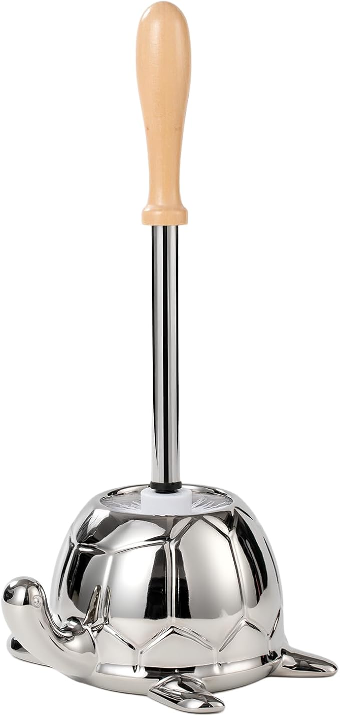 Toilet Brush and Holder Set, Ceramic Turtle Base Toilet Brush Set - 7.5” Bowl Cleaner, Toilet Scrubber Brush with Ergonomic Handle (Silver)